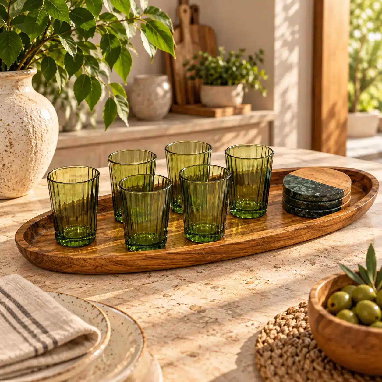 מגש עץ כפרי עם כוסות ירוקות מארז אירוח OLIVE – תמונה 1